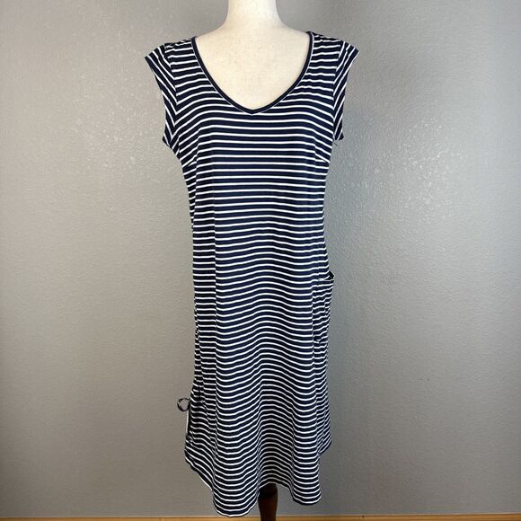 Toad & Co Muse Midi Dress Cinch Side Size L Blue Stripe Organic Cotton Pocket - Picture 1 of 10